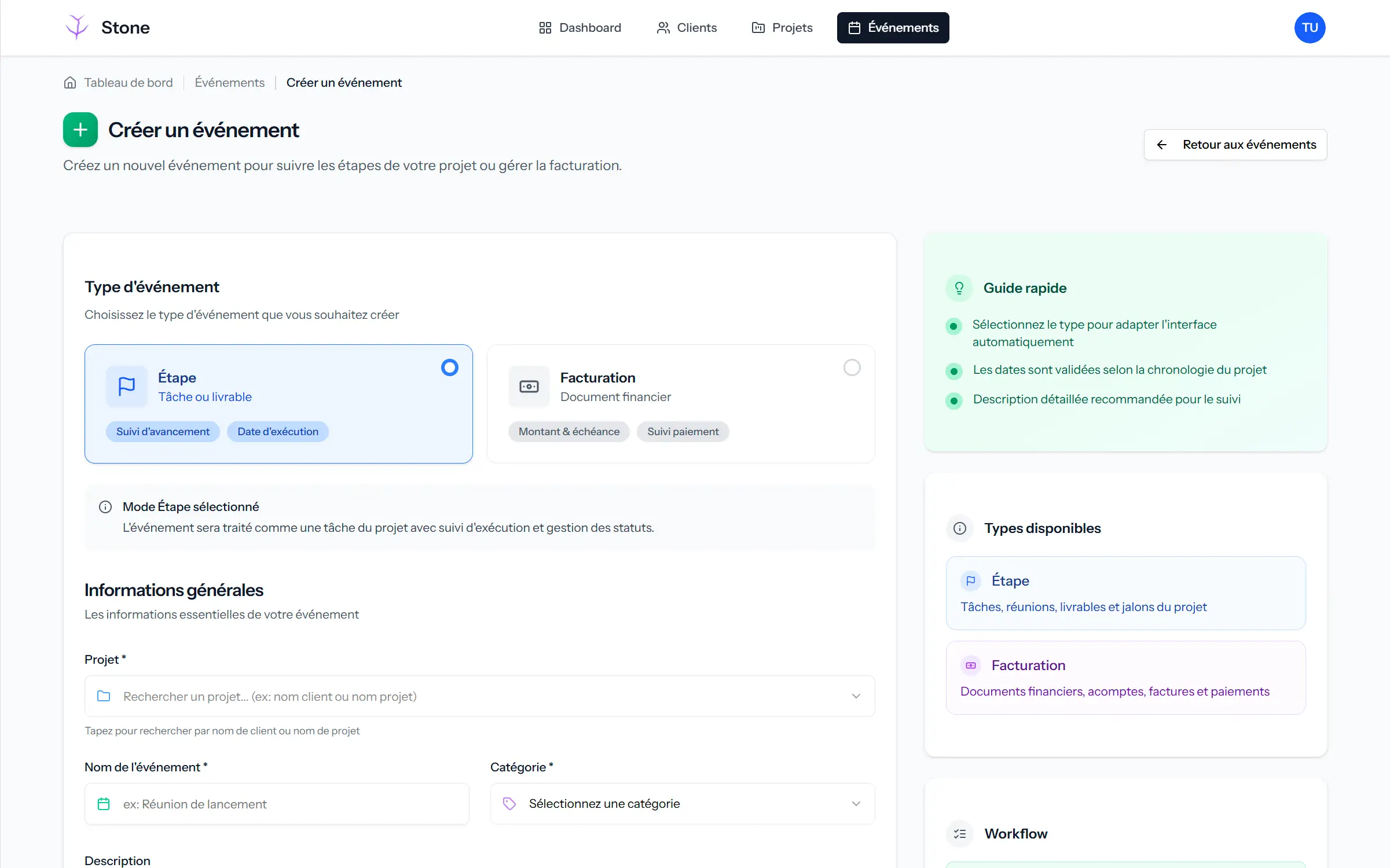 Capture d'écran du formulaire de création d'un événement. Vu de l'interface urilisateur, backoffice de l'application web Stone.